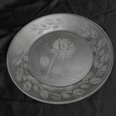 Etched rose and grapes glass plates with assortment of bowls and mugs