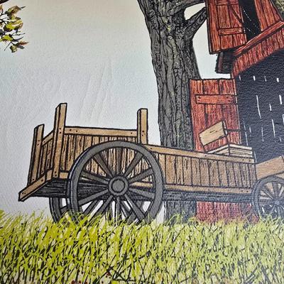 Vintage lithograph wall art - Forrest and Barn -