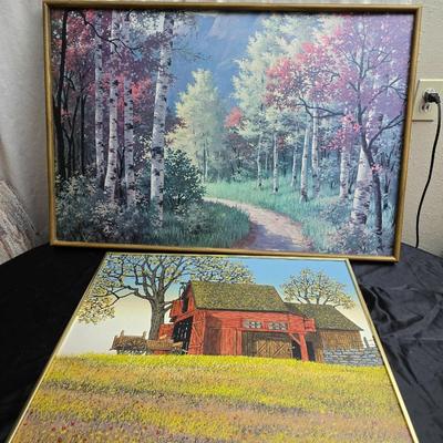 Vintage lithograph wall art - Forrest and Barn -