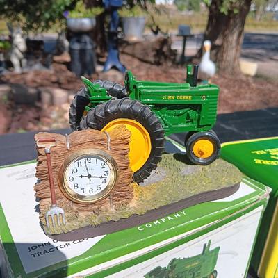 JOHN DEERE MODEL G TRACTOR CLOCK AND A TIN