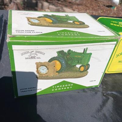 JOHN DEERE MODEL G TRACTOR CLOCK AND A TIN