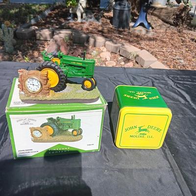 JOHN DEERE MODEL G TRACTOR CLOCK AND A TIN