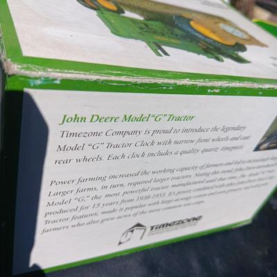 JOHN DEERE MODEL G TRACTOR CLOCK AND A TIN