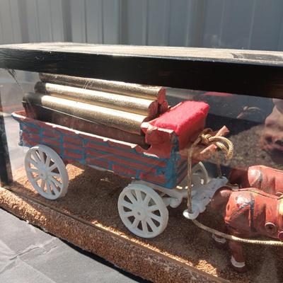 CAST IRON HORSE DRAWN WAGON IN DISPLAY CASE