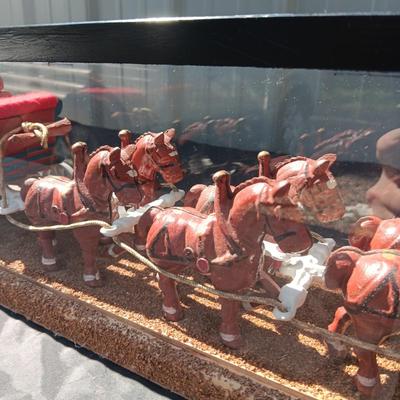CAST IRON HORSE DRAWN WAGON IN DISPLAY CASE