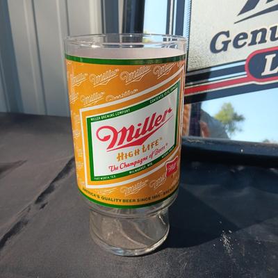 MIRRORED MILLER SIGN, LARGE GLASS AND STEIN