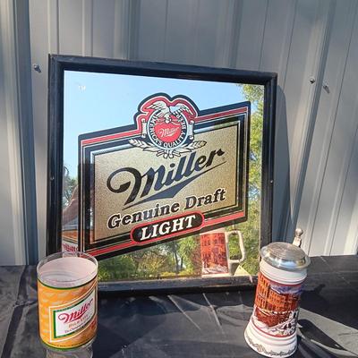 MIRRORED MILLER SIGN, LARGE GLASS AND STEIN