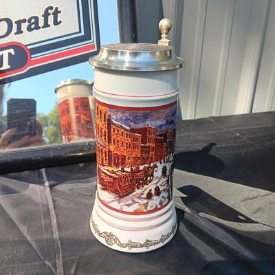 MIRRORED MILLER SIGN, LARGE GLASS AND STEIN