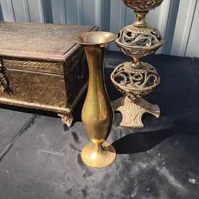 BRASS COVERED VELVET LINED BOX, BRASS CANDLESTICK AND VASE