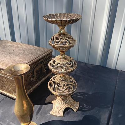 BRASS COVERED VELVET LINED BOX, BRASS CANDLESTICK AND VASE