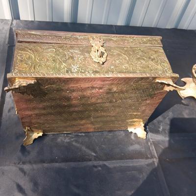 BRASS COVERED VELVET LINED BOX, BRASS CANDLESTICK AND VASE