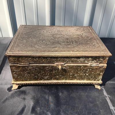 BRASS COVERED VELVET LINED BOX, BRASS CANDLESTICK AND VASE