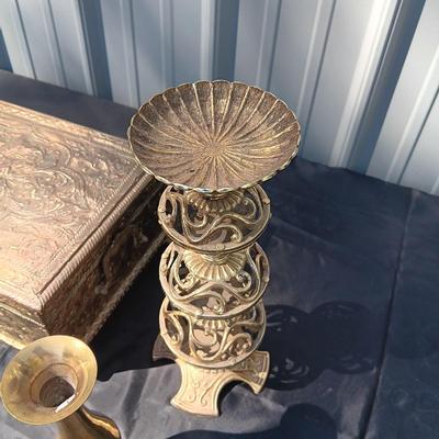 BRASS COVERED VELVET LINED BOX, BRASS CANDLESTICK AND VASE