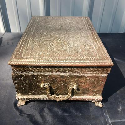 BRASS COVERED VELVET LINED BOX, BRASS CANDLESTICK AND VASE