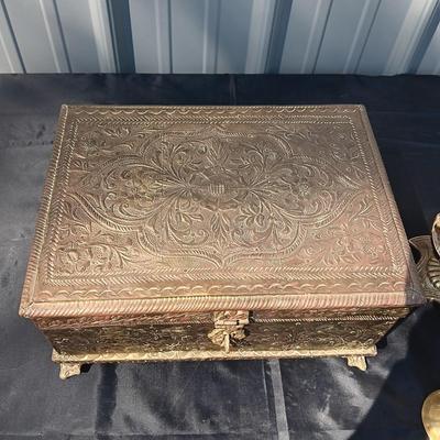 BRASS COVERED VELVET LINED BOX, BRASS CANDLESTICK AND VASE