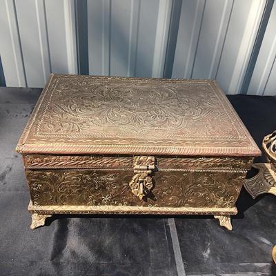 BRASS COVERED VELVET LINED BOX, BRASS CANDLESTICK AND VASE