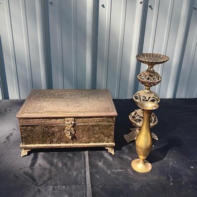 BRASS COVERED VELVET LINED BOX, BRASS CANDLESTICK AND VASE