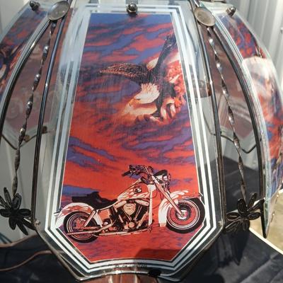 MOTORCYCLE DOUBLE LIGHT GLASS SHADED LAMP, HARLEY DAVIDSON TIN SIGN, PLATE AND FRAME