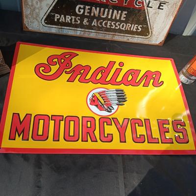 2 INDIAN MOTORCYCLE TIN SIGNS, PICTURE FRAME AND GLASS