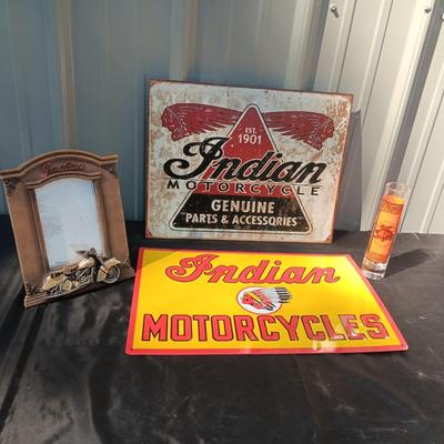 2 INDIAN MOTORCYCLE TIN SIGNS, PICTURE FRAME AND GLASS