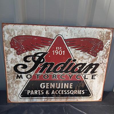 2 INDIAN MOTORCYCLE TIN SIGNS, PICTURE FRAME AND GLASS