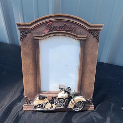 2 INDIAN MOTORCYCLE TIN SIGNS, PICTURE FRAME AND GLASS