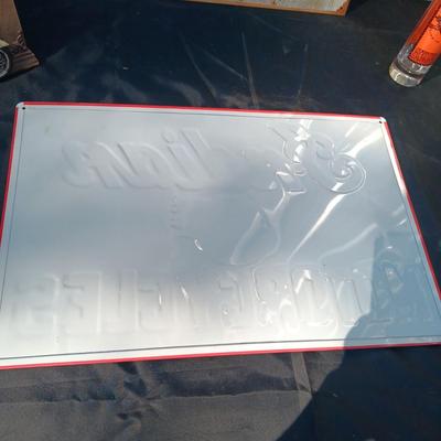 2 INDIAN MOTORCYCLE TIN SIGNS, PICTURE FRAME AND GLASS