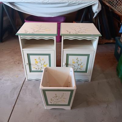 2 HAND PAINTED MATCHING NIGHTSTANDS AND WASTE CAN