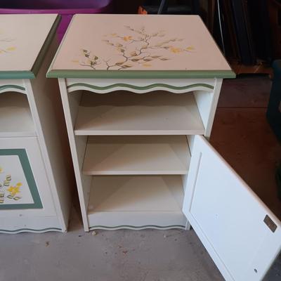 2 HAND PAINTED MATCHING NIGHTSTANDS AND WASTE CAN