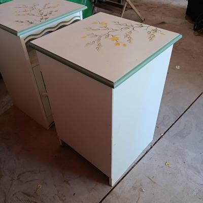 2 HAND PAINTED MATCHING NIGHTSTANDS AND WASTE CAN