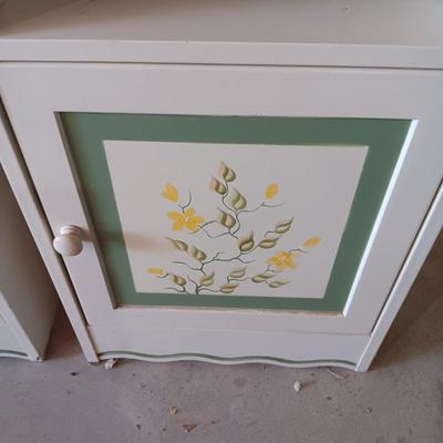 2 HAND PAINTED MATCHING NIGHTSTANDS AND WASTE CAN