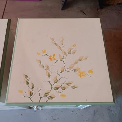 2 HAND PAINTED MATCHING NIGHTSTANDS AND WASTE CAN