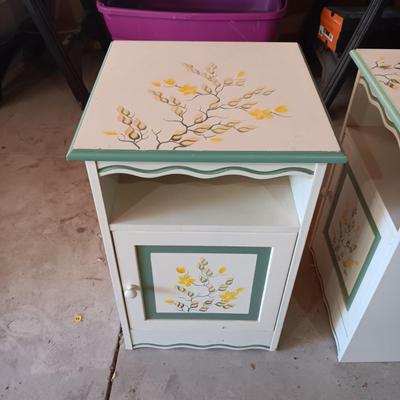 2 HAND PAINTED MATCHING NIGHTSTANDS AND WASTE CAN