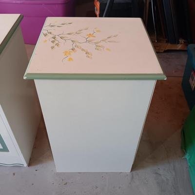 2 HAND PAINTED MATCHING NIGHTSTANDS AND WASTE CAN