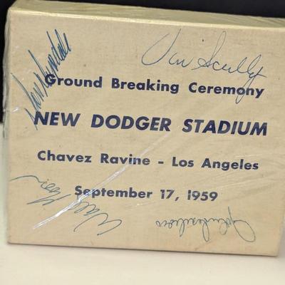 Vintage 1959 Dodger Stadium Groundbreaking Dirt In Souvenir Box Autographed by Vin Scully, Don Drysdale, Wally Moon,