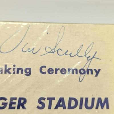 Vintage 1959 Dodger Stadium Groundbreaking Dirt In Souvenir Box Autographed by Vin Scully, Don Drysdale, Wally Moon,