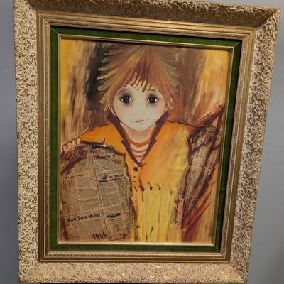 Vintage Etienne Boy with News Paper Original Watercolor Painting