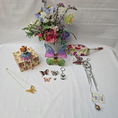 Butterfly brooch pins, necklace, keychain, windchimes, flower bouquet and more