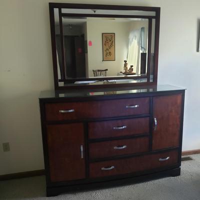 Two Toned Wooden Dresser with Mirror and Glass Top (PB-KD)