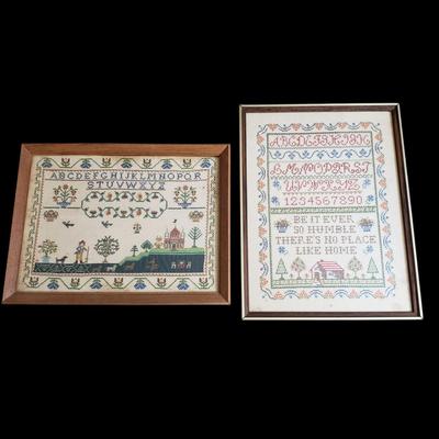 Two Framed Cross-Stitch Alphabet Samplers (GB-KD)