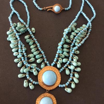 Vintage art, deco, turquoise/brass, sun beaded, multi strand statement, necklace Egyptian revival