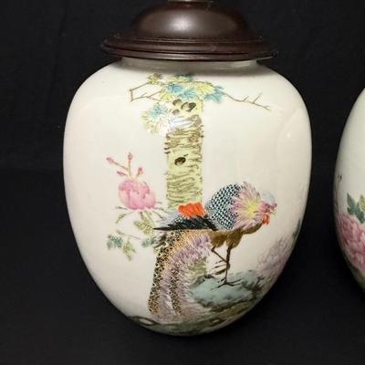 Antique Pair of Chinese Porcelain Jars with Wood Lids -9” Tall