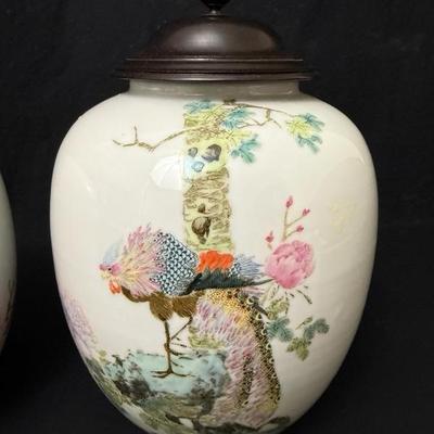Antique Pair of Chinese Porcelain Jars with Wood Lids -9” Tall