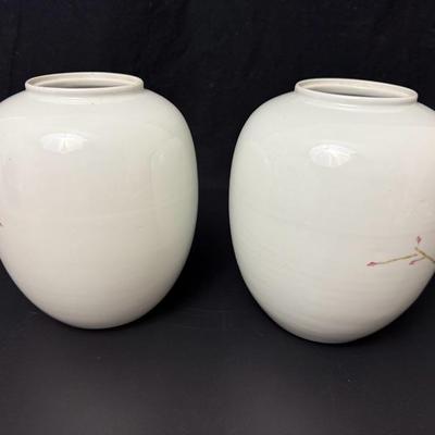 Antique Pair of Chinese Porcelain Jars with Wood Lids -9” Tall