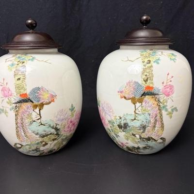 Antique Pair of Chinese Porcelain Jars with Wood Lids -9” Tall