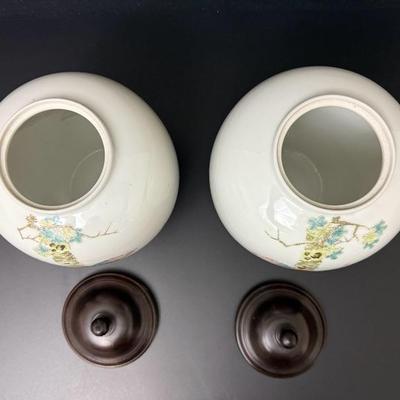 Antique Pair of Chinese Porcelain Jars with Wood Lids -9” Tall