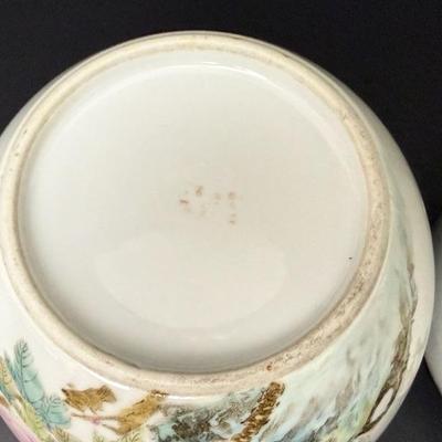 Antique Pair of Chinese Porcelain Jars with Wood Lids -9” Tall