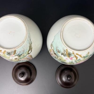 Antique Pair of Chinese Porcelain Jars with Wood Lids -9” Tall