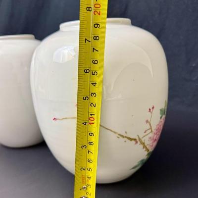 Antique Pair of Chinese Porcelain Jars with Wood Lids -9” Tall