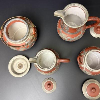 Antique Chinese Yixing Teapot Set of 4 - Unglazed Stoneware & Pewter Dragons
